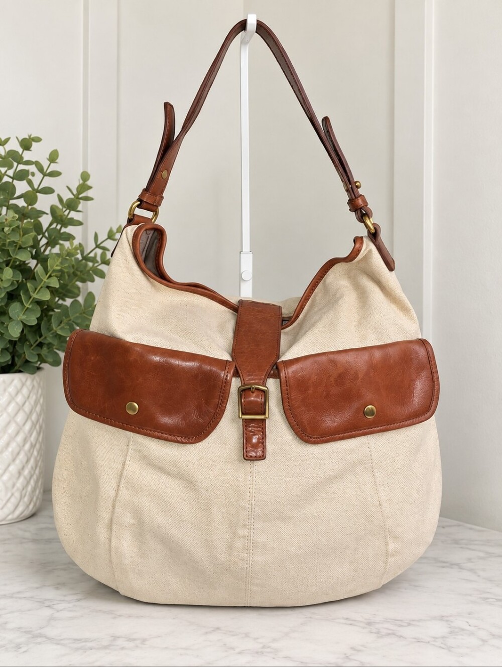 J.Crew Bronwyn Canvas Leather Hobo Shoulder Bag Cognac Cream EUC